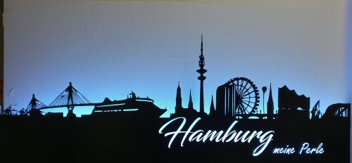 Wandbild “Skyline Hamburg” Edelstahl beleuchtet