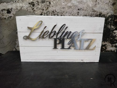 Weinkiste Holzkiste weiß mit Lieblingsplatz Schrifzug Edelstahl