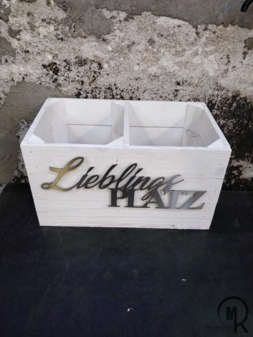 Weinkiste Holzkiste weiß mit Lieblingsplatz Schrifzug Edelstahl - Ansicht 2