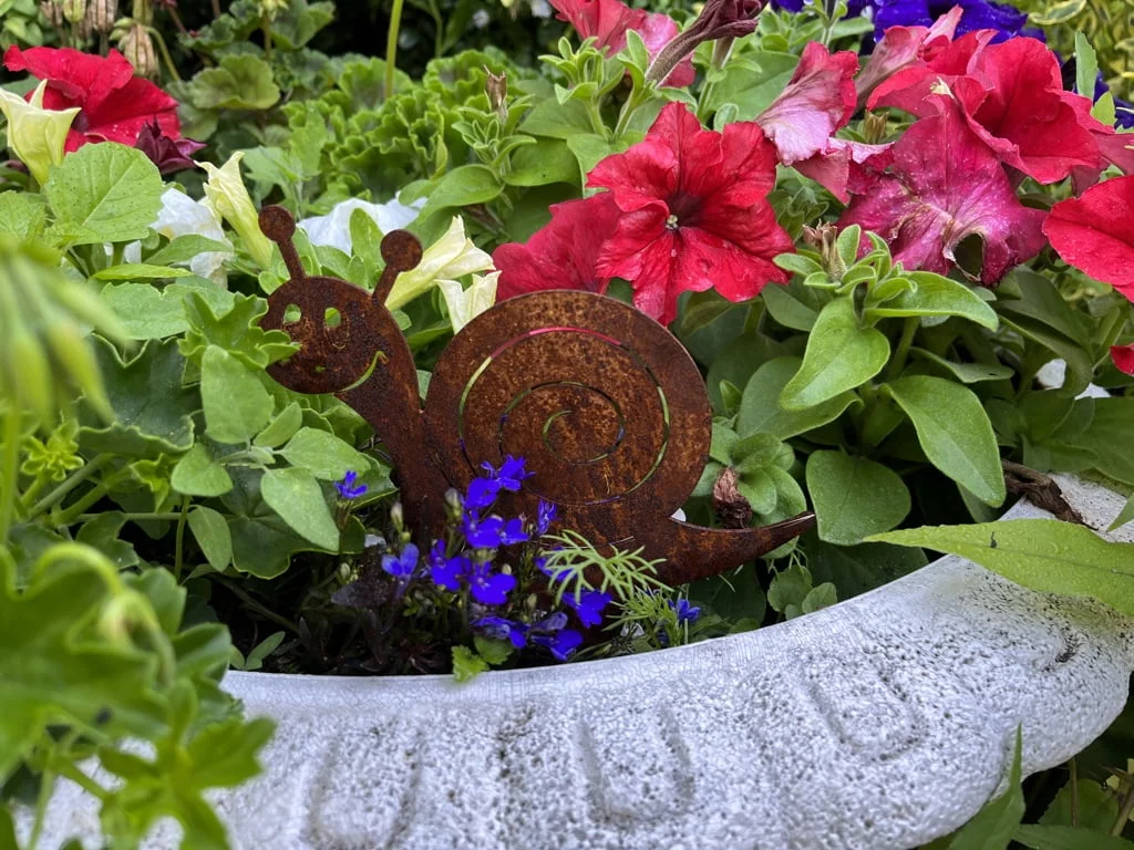Gartenstecker in Schneckenform aus Stahl in Edelrost-Optik in einem Blumenkübel