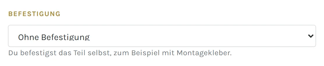 Auswahlliste für die Befestigung mit erklärendem Hinweis